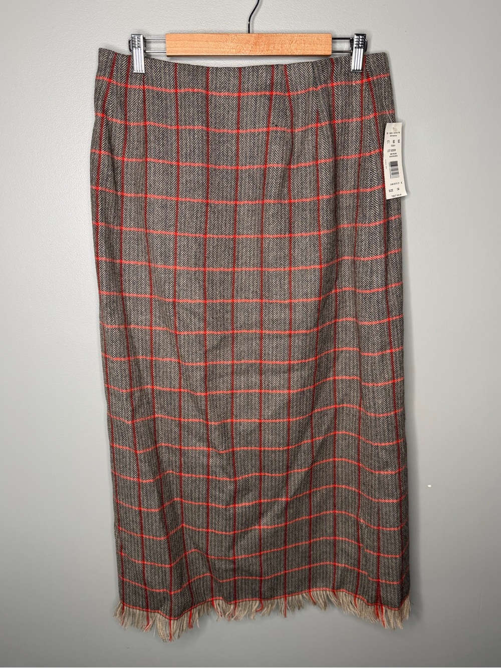 NWT Deadstock Vintage 90s Wool Plaid Fringe Midi Skirt - Picture 2 of 11